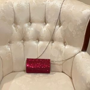 JUDITH LEIBER Ruby Swarovski crystal evening bag. Detachable silver chain.